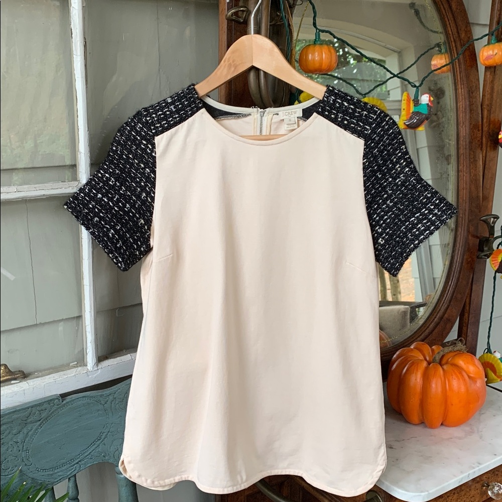 J. Crew Factory Shimmer Black and Cream Tweed Short Sleeve Top